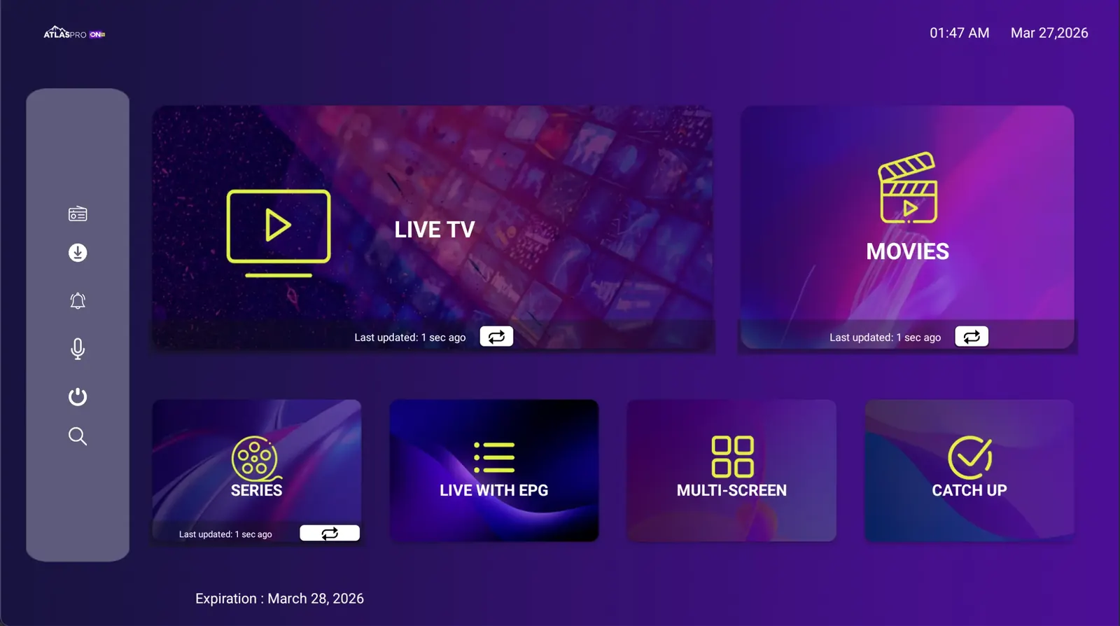 Écran d'accueil de l'application Atlas Pro ONTV : Live TV, films, séries, EPG, multi-écran et replay