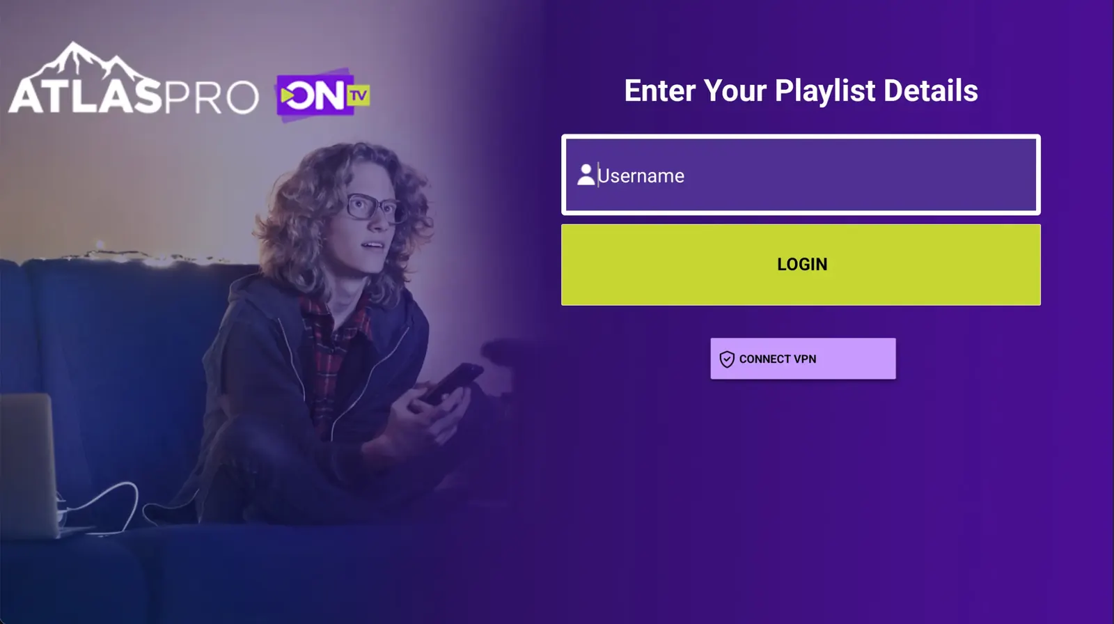 Écran de connexion Atlas Pro ONTV pour saisir votre code d'activation Atlas Pro